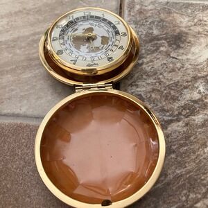 Linden Vintage World Time Travel Alarm Clock Brown Leather Case Japan Gold Tone